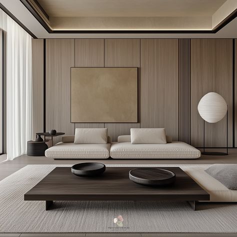 “Serene modernism” This Japandi design embodies a perfect fusion of Japanese minimalism and Scandinavian functionality, showcasing a serene and balanced aesthetic. The use of natural materials, such as light wood and soft fabrics, along with clean, geometric lines, creates a harmonious atmosphere. The neutral palette of soft beiges and earthy tones, combined with low-profile furniture, enhances the sense of calm and tranquility. Subtle textures and carefully chosen decor elements add depth a... Modern Interior Aesthetic, Japandi Style Home, Japan House Design, Japandi House, Balanced Aesthetic, Chinese Style Interior, Japanese Homes, Japandi Home Decor, Neutral Interior Design