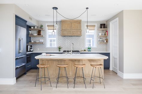 Brandon Architects, Beach Style Kitchen, White Oak Kitchen, Hanging Lights Kitchen, Herringbone Backsplash, Dome Pendant Lighting, Herringbone Tile, Blue Cabinets, Transitional Kitchen