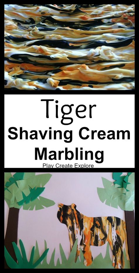 Play Create Explore: Tiger Shaving Cream Marbling Craft  I can picture using droppers and making arrays with the paint before marbling the shaving cream.  So many possibilities! Making Arrays, Shaving Cream Marbling, Preschool Jungle, Jungle Activities, Zoo Preschool, Jungle Crafts, Zoo Crafts, Zoo Activities, Rainforest Theme