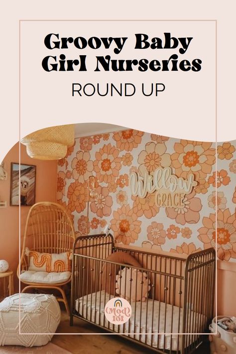 Step into a world where the '70s are alive and well in nursery decor. Our blog highlights various girl nurseries that celebrate the era, from rust and orange hues to groovy daisy motifs. Find unique inspiration for your baby room design and personalized baby gifts. Pink And Orange Nursery Boho, Retro Boho Nursery, Bright Boho Nursery, 70s Aesthetic Nursery, Pink Orange Nursery, Twin Girl Nursery Pink, Groovy Nursery Theme, Daisy Nursery Ideas, Yellow Baby Girl Nursery