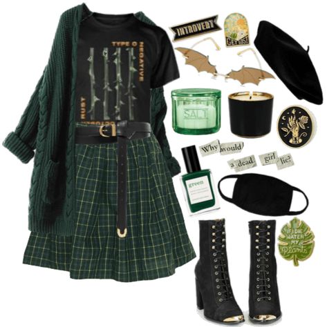 Autumn Outfits Witchy, Elphaba Aesthetic Outfit, Edgy Dark Academia Outfits, Forest Goth Aesthetic, Green Alternative Outfit, Diana Bishop Outfits, Herbalist Aesthetic Clothes, Winter Cottage Core Outfits, Green Dark Academia Outfit