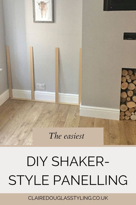 mdf shaker-style strips leaning against a wall in living room alcove. Half Wall Paneling Ideas Living Room, Diy Feature Wall Ideas, Hallway Panelling Ideas, Hallway Decorating Colours, Shaker Wall Panelling, Wall Paneling Ideas Living Room, Half Wall Ideas, Dining Room Feature Wall, Dining Room Paneling