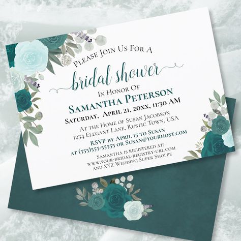 Rustic Teal Watercolor Floral Chic Bridal Shower Invitation Backyard Country, Teal Watercolor, Rustic Bridal Shower Invitations, Chic Bridal Showers, Blue Watercolor Floral, Bridal Registry, Elegant Bridal Shower, Floral Bridal Shower Invitations, Rustic Blue