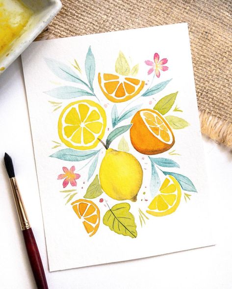 Watercolour Fruit, Oranges Watercolor Paintings, Lemon Watercolor Painting Easy, Citrus Illustration, Lemons Watercolor Painting, Watercolour Lemon Painting, Watercolor Citrus Fruit, Food Art Painting, Lemon Watercolor