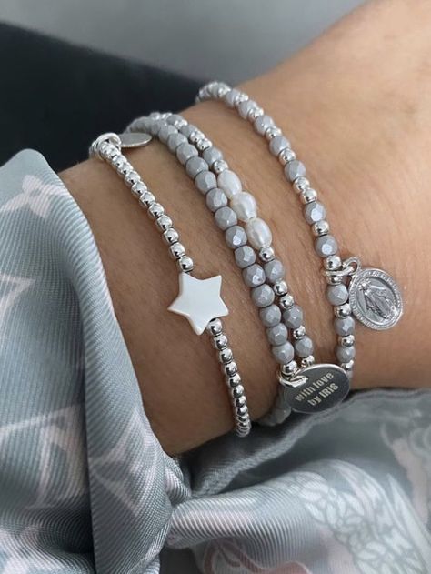 Silver Bracket Stack, Silver Bracelet Stack Aesthetic, Bracelet Stack Ideas Silver, Stacked Bracelets Silver, Pretty Stacks, Bracelet Combos, Silver Beaded Bracelets, Grey Bracelet, Silver Bracelet Stack