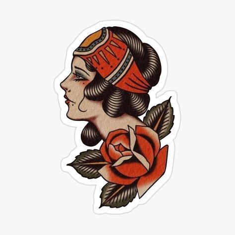 Romani Hand Tattoo, Romani Tattoos Traditional, American Traditional Romani, Romani Head Tattoo, Romani Girl Tattoo, American Traditional Lady Head Tattoo, Tattoo Romani, Lady Head Tattoo Traditional, Traditional Lady Face Tattoo