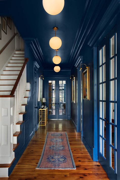 Pantone's Color of the Year | Classic Blue — Scout & Nimble Blue Hallway, Classic Blue Pantone, Monochromatic Room, Ceiling Paint, Shingle Colors, Blue Ceilings, Dark Paint, Small Entryways, Farmhouse Plan