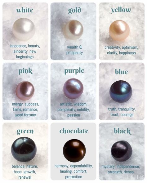 .PEARL COLOR AND THEIR MEANINGS...YOU THOUGHT ONLY TRADITIONAL GEMSTONES HAVE MEANINGS... What Do Pearls Symbolize, Pearl Color Meaning, Black Pearl Meaning, Pearl Meaning Stones, Different Types Of Pearls, Sea Accessories Fashion, Pearl Name Meaning, Pearl Crystal Meaning, Meaning Of Pearls