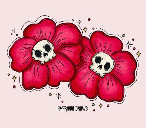 Kawaii Skull Tattoo, Spooky Kawaii Tattoo, Paint Doodles Simple, Spooky Halloween Drawings Ideas, Day Of The Dead Drawings Easy, Halloween Flowers Drawing, Goth Flower Drawing, Spooky Flowers Drawing, Skull Flower Drawing