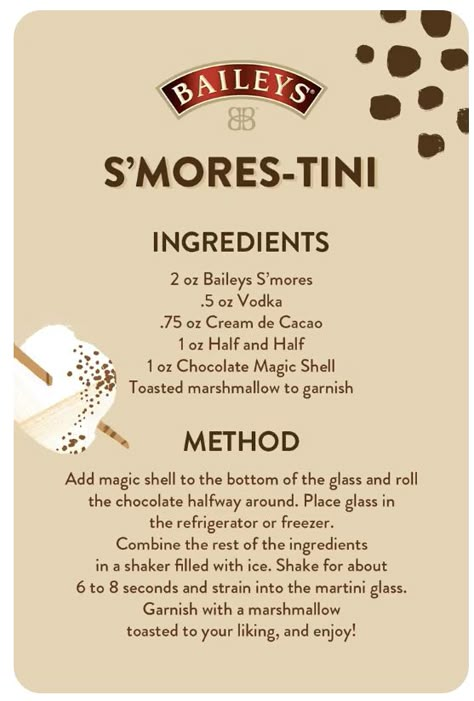 Baileys Smores, Summer Martini Recipes, Smores Martini, Yummy Cocktails, Cocktail Drinks Alcoholic, Yummy Alcoholic Drinks, Boozy Drinks, Drink Drank Drunk, Mixed Drinks Recipes