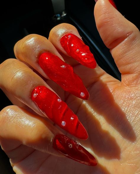 satin red 3d polygel nails 🌹❣️full polygel tutorial is now up on my youtube: doperthanyournails and linked in my profile🎨 Polygel Tutorial, Polygel Nail Tutorial, Nails With Pearls, Nails For Beginners, Nails Polygel, Polygel Nail, Vday Nails, Nail Tutorial, Polygel Nails