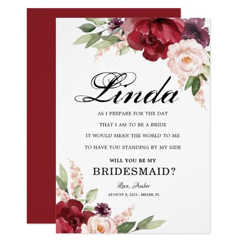 Floral Burgundy Will You Be My Bridesmaid Proposal Invitation Bridal Party Invitations, Watercolor Floral Invitation, Wedding Reception Invitations, Sunflower Wedding Invitations, Bridesmaid Favors, Wedding Reception Flowers, Floral Bridesmaid, Reception Invitations, Be My Bridesmaid Cards