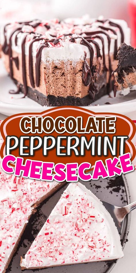 No Bake Chocolate Peppermint Cheesecake, Easy Peppermint Cheesecake, Christmas Desserts Easy Quick, No Bake Peppermint Cheesecake, Chocolate Mint Cheesecake, Chocolate Peppermint Cheesecake, Peppermint Cheesecake Bars, Dessert Rolls, Holiday Cheesecake Recipes