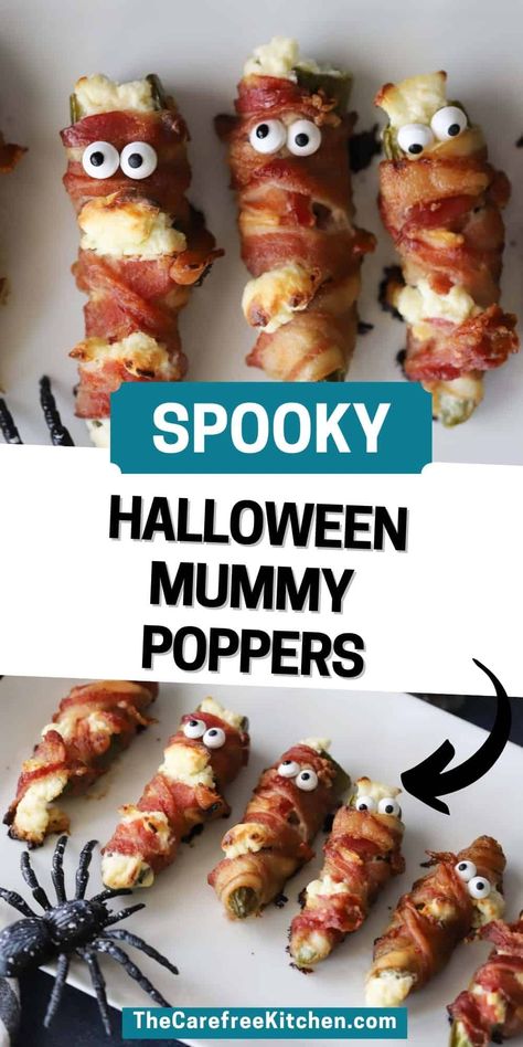 Halloween Bacon Jalapeno Mummies, Halloween Jalapeño Popper Mummies, Jalepeno Poppers Spooky, Mummy Stuffed Jalapenos, Halloween Popper Mummies, Jalapeno Mummies Recipe, Halloween Party Jalepeno Poppers, Crockpot Halloween Potluck Ideas, Jalepeno Popper Halloween