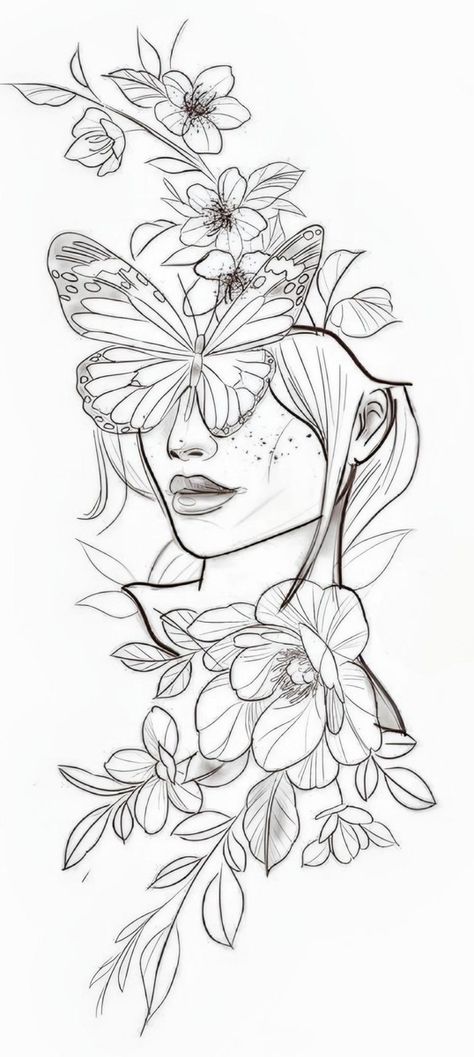 Butterfly Tattoo Outline, Black Flowers Tattoo, Flower Tattoo Stencils, Butterfly Tattoo Stencil, Inner Bicep Tattoo, Pin Up Girl Tattoo, Half Sleeve Tattoos Drawings, Girl Arm Tattoos, Black Girls With Tattoos