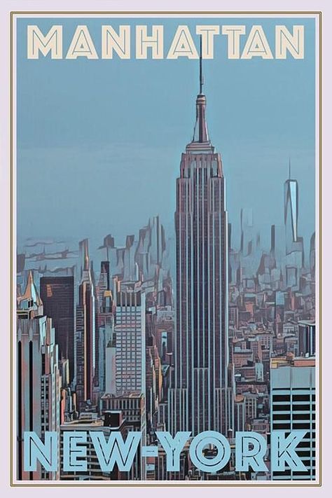 Manhattan Poster, City Posters, New York Poster, Bedroom Wall Collage, New York Vintage, Vintage Poster Design, Room Theme, Retro Travel Poster, Art Deco Posters