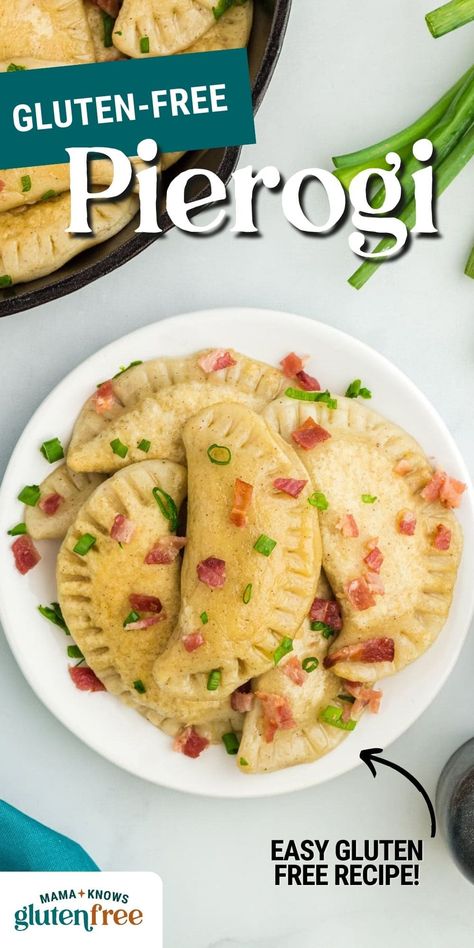 Gluten-Free Pierogi Gluten Free Ukrainian Recipes, Gluten Free Perogy Dough, Gluten Free Stuffed Bread, Gluten Free Pierogi Dough, Gluten Free Make Ahead Meals, Easy Dinner Ideas Gluten Free, Easy Gluten Free Dairy Free Dinner, Gluten Free Perogies Recipe, Gluten Free Pierogi