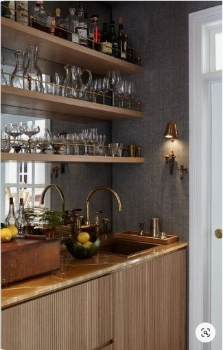 Wet Bar Designs, Bar Nook, Home Wet Bar, Home Bar Rooms, Modern Home Bar, Upholstered Walls, Home Bar Design, Bar Shelves, Bar Inspiration