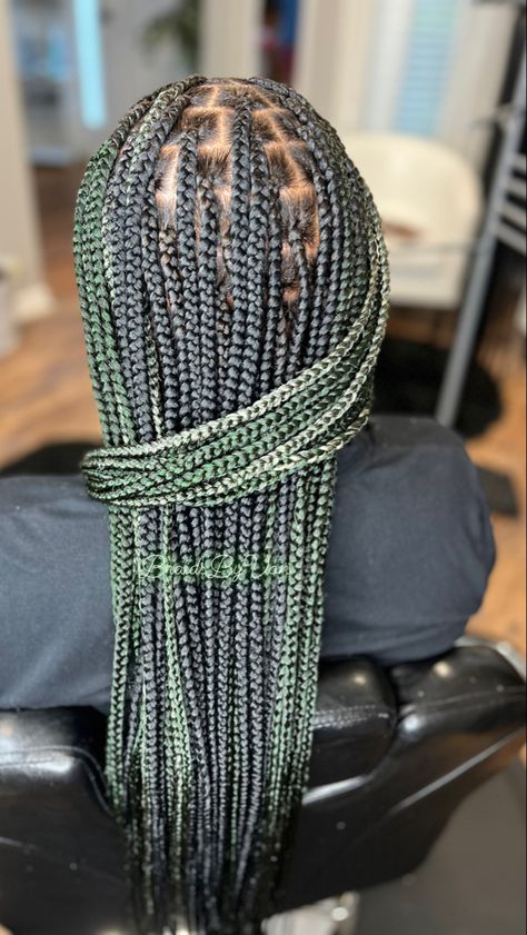 Follow my IG @braidssbyvon Green And Blonde Knotless Braids, Medium Size Knotless Braids, Green Knotless Braids, Green Knotless, Medium Size Knotless, Braids Colors, Protective Braids, Knotless Box Braids, Faux Locks