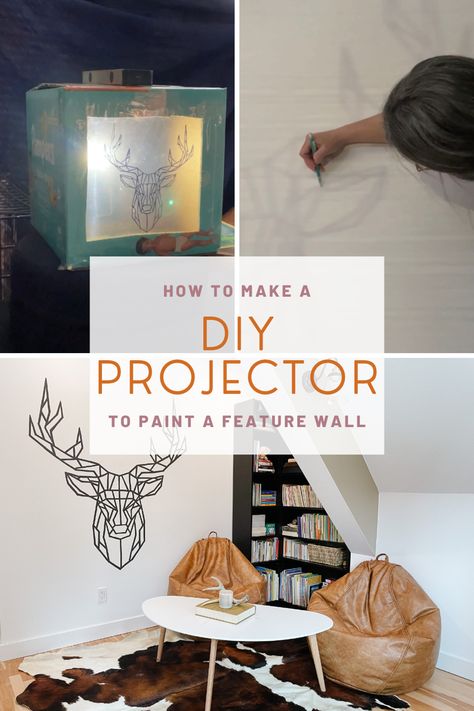 DIY Projector from a cardboard box, how to make a homemade projector, how to paint a feature wall, how to project a design on a wall, how to paint a mural, deer mural, deer feature wall, geometric deer design Diy Wall Mural With Projector, Deer Mural Wall, Diy Projector For Tracing Wall Murals, Projector Wall Painting, Projector Mural Diy, Wall Mural Projector Diy, Cricut Wall Decals Diy Living Room, Projector Wall Mural, Projector Painting Wall Murals