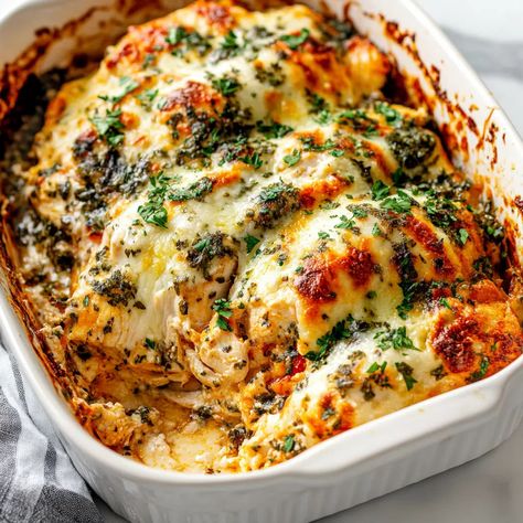 Baked Tuscan Chicken Casserole Recipe - sandyrecipes.com Mediterranean Chicken Casserole, Creamy Mediterranean Chicken, Tuscan Chicken Bake, Tuscan Chicken Casserole, Baked Tuscan Chicken, Creamy Chicken Bake, Baked Fried Chicken, Chicken Casserole Recipe, Seared Chicken Breast