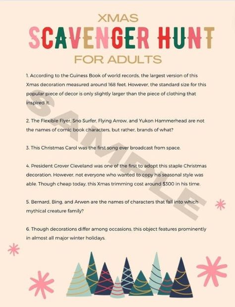 Holiday Scavenger Hunt For Adults, Adult Christmas Scavenger Hunt, Christmas Scavenger Hunt For Adults, Christmas Kids Games, Holiday Scavenger Hunt, Scavenger Hunt Christmas, Nye 2023, Adult Scavenger Hunt, Scavenger Hunt Clues