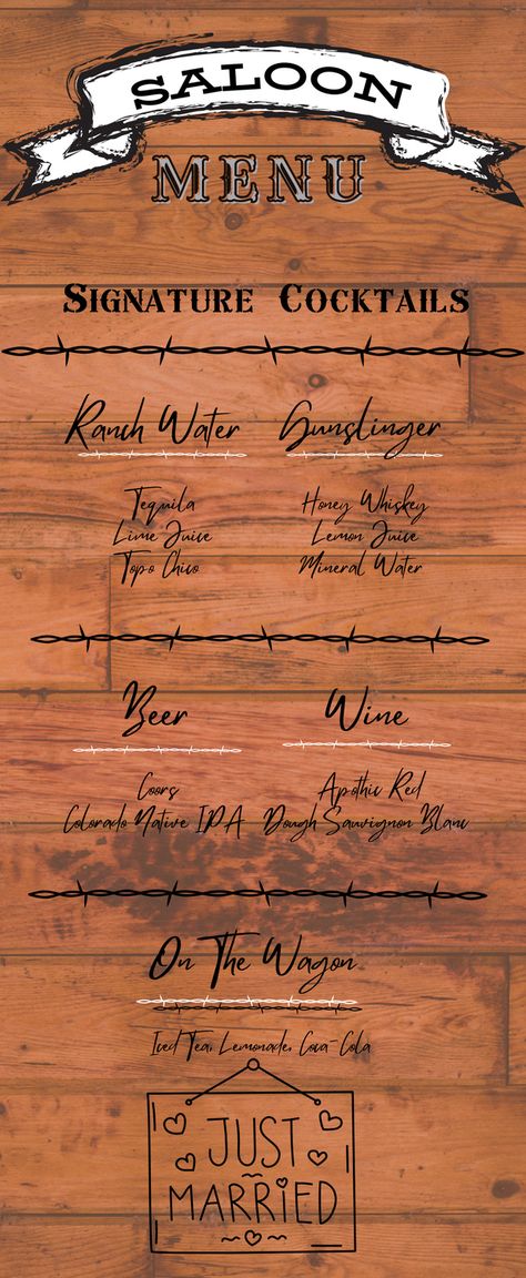 Western Wedding Menu Ideas, Old West Wedding Theme, Western Menu Ideas, Western Party Drinks, Western Drink Names, Western Brunch, Cowboy Theme Drinks, Western Party Signs, Western Theme Drink Names