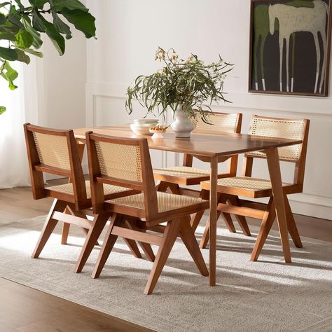 Amazon.com - EYYTHUNG Rattan Dining Chair Set of 4 Mid Century Modern Cane Kitchen Chair Farmhouse Retro Solid Wooden Armless Side Chair for Dining Room, Living Room, Teak - Chairs Cane Kitchen, Rattan Dining, Brick Exterior, Kitchen Chair, Cane Chair, Teak Chairs, Brick Exterior House, Wooden Dining Chairs, Rattan Dining Chairs