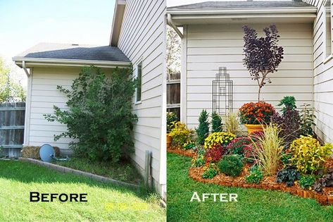 Before-and-After This is a great example of how a little bit of planning can add significant value and leave a positive impression in a Buyers mind. In this picture, a few perennials/ perennial grasses, seasonal mums, a metal trellis and potted Japanese Maple, have created a new visually pleasing space. *the metal trellis and potted tree can be taken to the Seller's new home as they are not permanent fixtures of the property* Perennial Grasses, Garage Entry, Corner Garden, Garden Makeover, House Landscaping, Front House Landscaping, Outside Ideas, Home Landscaping, Front Yard Garden