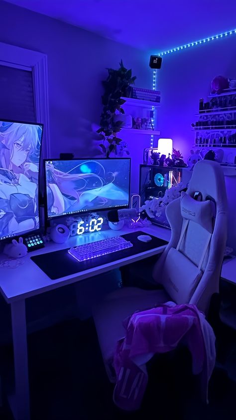 Black And Purple Pc Setup, Clean Gaming Setup, Ps5 Gaming Setup, Pc Gaming Setup Aesthetic, Gamer Boy Room, Ps5 Setup, Gaming Setup Bedroom, Aesthetic Setup, Set Up Gamer