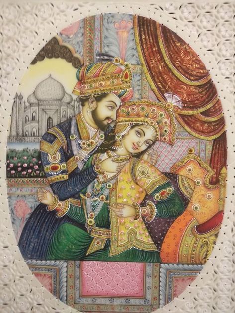 Shah Jahan And Mumtaz Mahal, Hindu Paintings, Meenakari Painting, History Costumes, Rajasthani Miniature Paintings, Iranian Painting, Cultural Heritage Of India, Mumtaz Mahal, Console Dresser