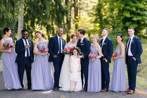 Colorful wedding with Lilac purple bridesmaid dresses, bight pink bouquets, navy blue suits, flower crowns. Photographed at Traditions at the Glen in Binghamton, NY. Rochester, NY Wedding Photographer. Asos Bridemaids dresses Lavender Bridesmaid Dresses Navy Suits, Navy And Lavender Groomsmen, Navy Blue Tux With Purple Dress, Purple Bridesmaid Dresses With Groomsmen, Lilac Bridesmaid Dresses With Groomsmen, Lilac And Navy Blue Wedding, Navy Blue And Lavender Wedding, Navy Blue Groomsmen, Light Purple Bridesmaid Dresses