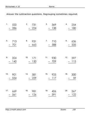 Practice Three-Digit Subtraction With These Free Math Worksheets Subtraction With Borrowing, 3 Digit Subtraction, Subtraction With Regrouping Worksheets, Third Grade Math Worksheets, Regrouping Subtraction, Math Fact Worksheets, Math Practice Worksheets, Math Addition Worksheets, Math Subtraction