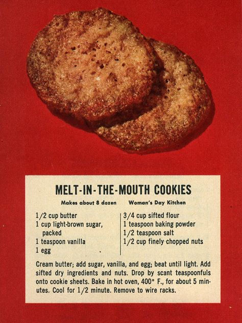 Melt-in-the-Mouth Cookies recipe from Woman's Day December 1953 Melt In The Mouth Cookies, Old Christmas Cookie Recipes, Diy Cookies, Baking Mix Recipes, Recipe Paper, Heirloom Recipes, Xmas Cookies, Cobbler Recipes, Baking Mix