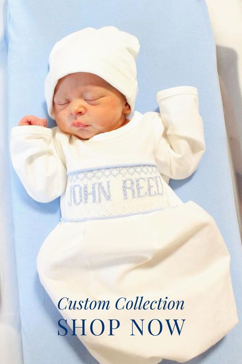 Shop the sweetest newborn outfits and customize them with your child's name! #customsmocked #bringinghomebaby #newborngown Baby Monogram Ideas, Southern Baby Clothes, Welcome Home Outfit, Boys Smocked Outfits, Baby Snuggles, Boys Smock, Baby Boy Monogram, Blue Gingham Dress, Southern Baby