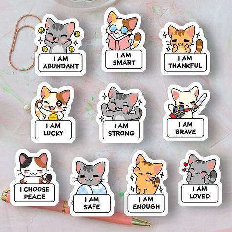 Cute cat sticker sheet 😍 #style #sticker #stickershop #vinyl #smallbusiness #stickyvibes #catstickers Cute Daily Journal Ideas, Emoti Planner Stickers, Cute Stickers For Drawing, Cute Self Care Drawings, Self Love Stickers Printable, Sticker For Digital Planner, Positive Affirmation Stickers, Cute Study Stickers, Stickers To Print Out