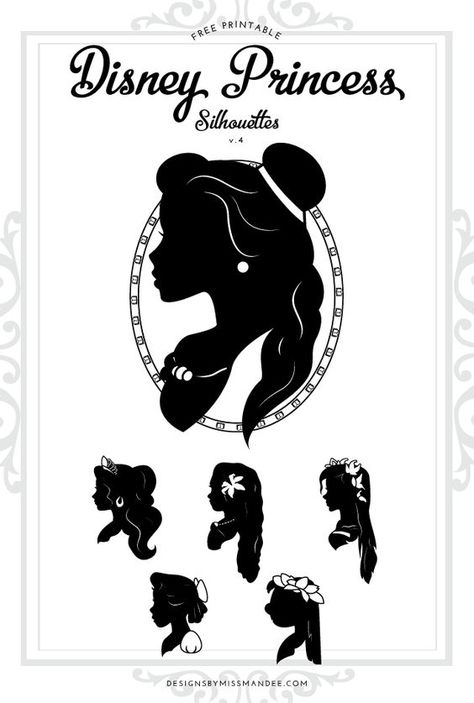 FREE Disney Princess Silhouettes v.4 - Designs By Miss Mandee. 6 beautiful silhouettes of Disney heroines. See Belle, Elena, Moana, Giselle, Wendy, and Lilo all in this new set of designs. Download the pdf printable and SVG cut files for FREE! #Disney #DisneyPrincess #DisneyPrincesses #Belle #BeautyandtheBeast #ElenaofAvalor #Enchanted #Moana #PeterPan #Wendy #Lilo #LiloandStitch #Cricut Disney Themed Games, Disney Princess Silhouette, 3d Templates, Disney Silhouette, Disney Silhouettes, Princess Silhouette, Free Svgs, Svg Ideas, Disney Princes