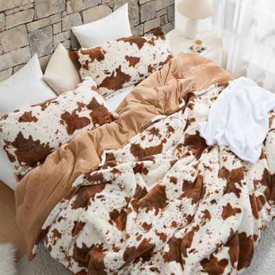 Gift yourself ultimate comfort with our Longhorn - Coma Inducer Oversized Comforter Set, for bedding that will add both style and a soft coziness to your bedroom. Size: King Comforter + 2 Shams | Byourbed Coma Inducer Longhorn Brown Cow Print Oversized Comforter Set Polyester / Polyfill / Microfiber in Brown / White | King Comforter + 2 Shams | Wayfair Boho Bedroom Women, Cozy Bedroom Western, Western Bed Comforters, Country Themed Bedroom, Country Teen Bedroom, Cow Comforter, Cow Bedroom, Oversized King Comforter, Western Comforter Sets