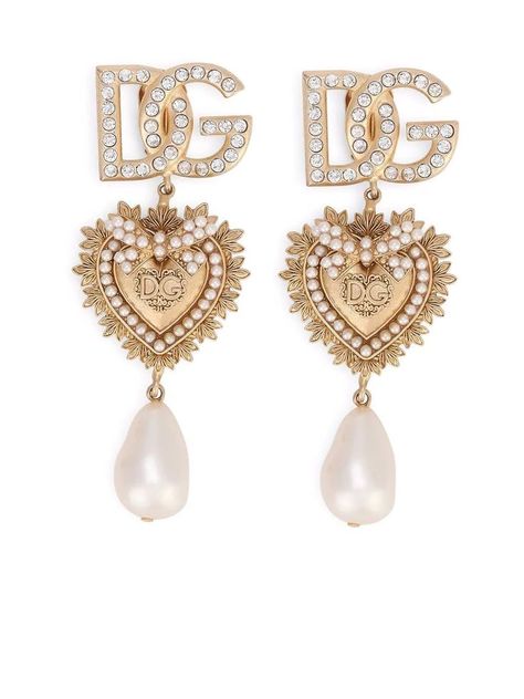 Dolce And Gabbana Earrings, Romantic Mood, Girl Things, Heart Logo, Earrings Pearl, Dolce E Gabbana, Crystal Embellishment, Gold Drop Earrings, Sacred Heart