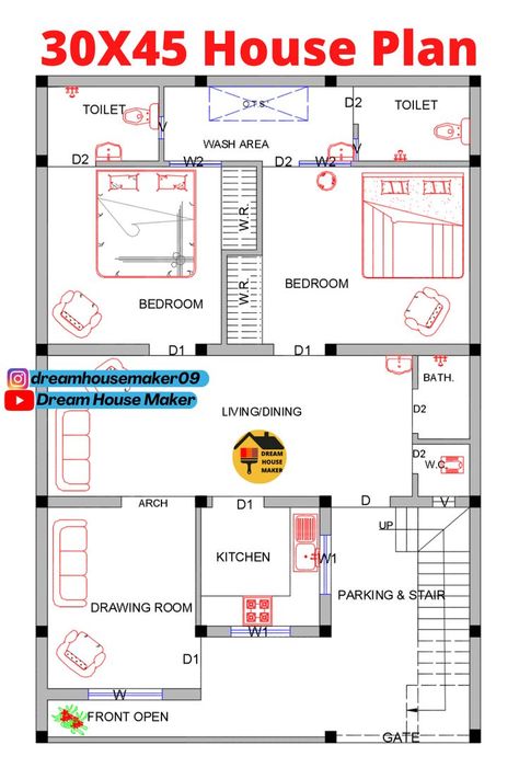 house design House Plans With Atrium, 5 Marla House Plan, Home Map Design, 30x50 House Plans, Budget House Plans, Morden House, 30x40 House Plans, Two Story House Design, 2bhk House Plan