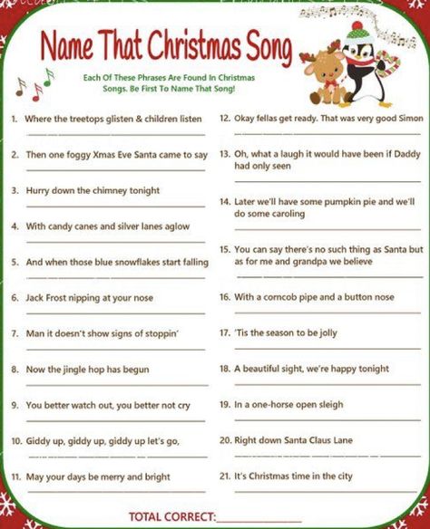 Christmas Themed Games For Groups, Christmas Work Activities Adults, Name That Christmas Song Game, Christmas Games For Workplace, Ladies Christmas Party Games, Christmas Games Diy, Christmas Party Ideas Games, Christmas Song Games, Christmas Carol Game