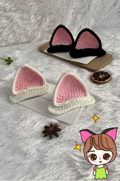 Crochet Cat Ears, Kat Haken, Crochet Hair Clips, Crochet Hair Accessories, Crochet Business, Crochet Design Pattern, Kawaii Crochet, Pola Sulam, Quick Crochet