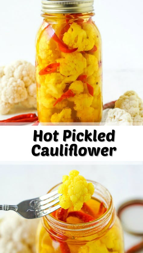 It's so easy to make homemade pickled cauliflower for a healthy and tasty snack. #pickle #coldpickle #vegetarian Easy Pickled Cauliflower, Canned Pickled Cauliflower Recipe, Hot And Spicy Pickled Cauliflower, Refrigerator Pickled Cauliflower Recipe, Hot Pickled Cauliflower, Pickled Cauliflower Refrigerator, How To Pickle Cauliflower, Preserving Fresh Cauliflower, Preserve Cauliflower