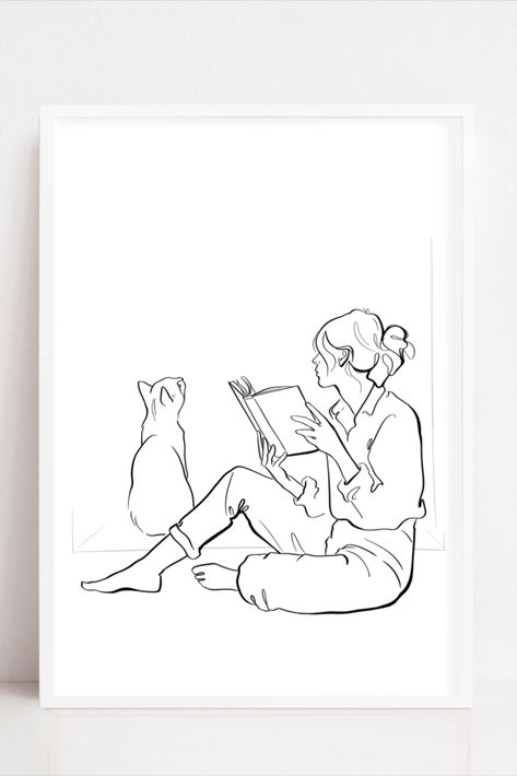 Printable A Black And White Outline Art A Reading Girl wit Her Cat, Minimal Poster, Digital Art, Book Lovers Drawings For Book Lovers, Reading Books Art Illustration, Bookworm Drawing Art, Reading Sketch Drawings, Two Female Lovers Art, Cat And Book Drawing, Cats And Books Illustration, Girl Reading Book Illustration Art, Girl Reading Book Tattoo