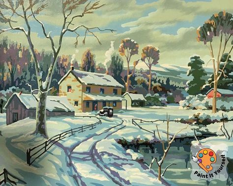 Fall Village, Vintage Style Painting, Village Scenery, Paint By Number Diy, Mid Century Painting, Snow Fall, Kit Christmas, Painting Easy, Winter Vintage