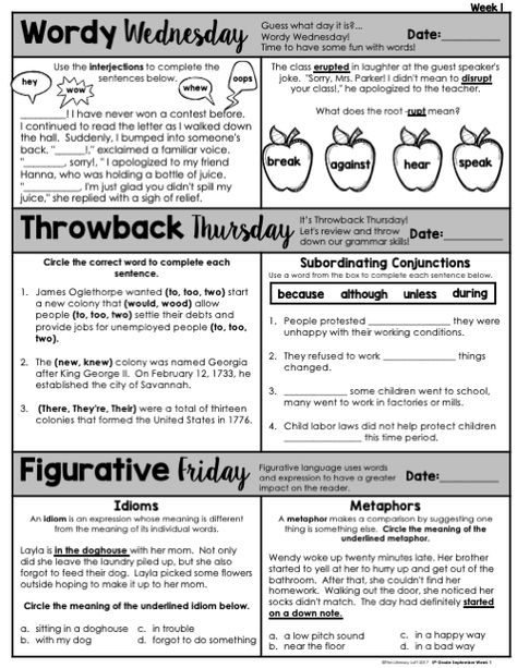 *A DIGITAL OPTION HAS BEEN INCLUDED FOR GOOGLE SLIDES/GOOGLE CLASSROOM* Be sure to re-download! There are directions and links inside the pdf. This resource is a unique way to get your students warmed up in the morning that helps incorporate the 5th Grade Language Standards, Vocabulary Practice, and Reading Comprehension skills. Save money by purchasing the year long GROWING Bundle!ELA Morning Work 5th Grade {Growing Bundle}This set contains 5 weeks of September-Themed morning work for the month Meta Cognition, September Writing, Classroom Jobs Display, Literacy Coach, Teaching 6th Grade, 5th Grade Writing, Read Letters, Text Structure, Comprehension Skills