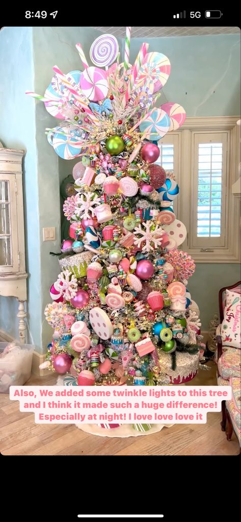 Candyland Tree Topper, Christmas Decor Pastel Colors, Candy Inspired Christmas Tree, Candyland Garland Christmas Decor, College Christmas Tree, Sweet Treat Christmas Tree, Candy Christmas Tree Ideas, Candyland Christmas Tree Ideas, Cotton Candy Christmas Tree