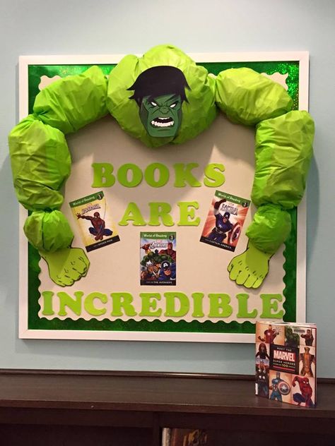 Super Readers Bulletin Board, Super Hero Hallway Decorations, Marvel Homecoming Theme, Library Boards Bulletin, Superhero Homecoming Theme, Avengers Bulletin Board, Superhero Library Theme, Superhero Bulletin Board Ideas Classroom, Super Hero Bulletin Board Ideas