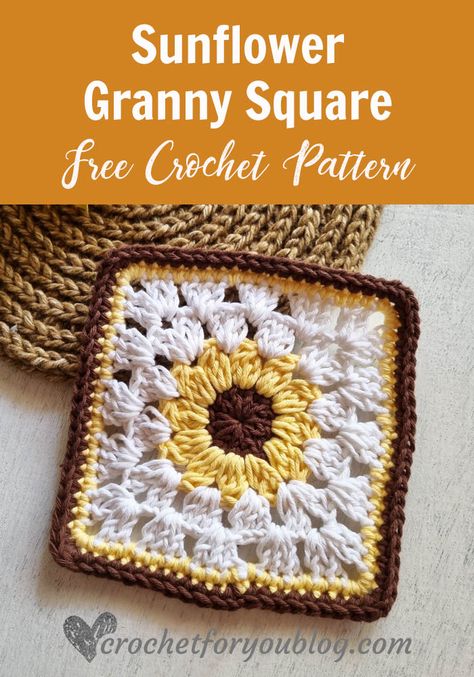 Crochet A Sun, Crochet Pattern Sunflower, Granny Square Free Pattern, Sunflower Granny Square, Crochet Mittens Free Pattern, Square Crochet Pattern, Crochet Squares Afghan, Flower Granny Square, Crochet Sunflower