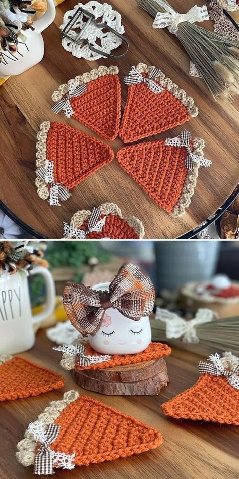 Crochet Tea Towels, Crochet Cauldron Coasters Free Pattern, Fall Crochet Free Patterns, Crochet Thanksgiving, Crochet Fall Decor, فن النسيج, Crochet Pour Halloween, Coaster Patterns, Thanksgiving Crochet